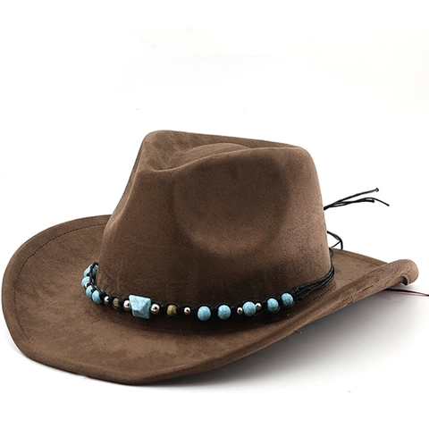 Retro Westerse Cowboyhoed Voor Heren Dames Suede Polyester Brede Rand Boheems Etnisch Met Turkoois Kralen Gevlochten Band