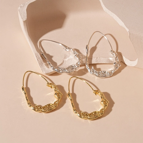 Irregular Liquid Metal Oval Hoop Earrings Alloy Geometric Lava Texture With Silver Earring Post For Women Fashion