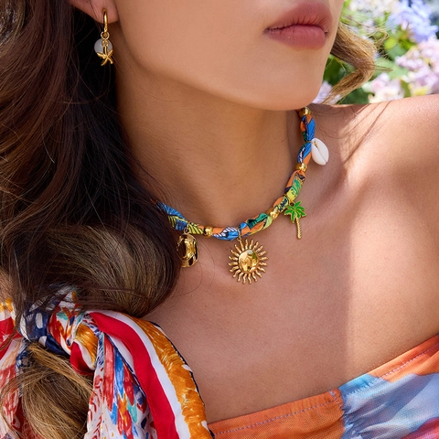 Bohemian Woven Fabric Stainless Steel Necklace With Sun Palm Tree Shell Heart Pendants Vacation Style For Women