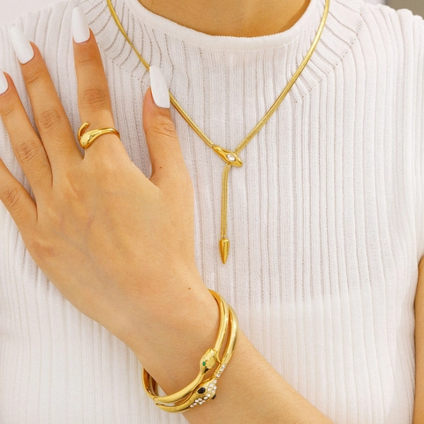 Gold Plated Stainless Steel Snake Jewelry Necklace Bracelet And Ring With Cubic Zirconia For Women Trendy Waterproof Hypoallergenic