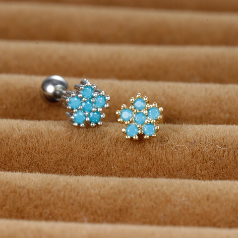Minimalist Stainless Steel Flower Stud Earrings Blue Rhinestone Inlaid Cartilage Tragus Screw Back Earrings For Women Jewelry
