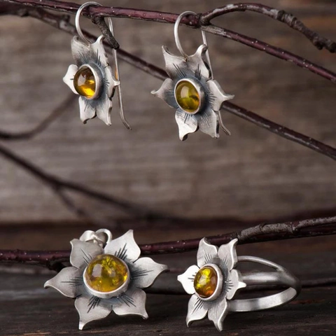 Parure Bijoux Fleur Vintage Alliage Collier Pendentif Boucles D Oreilles Bague Rétro Pierre Gemme Pour Femmes