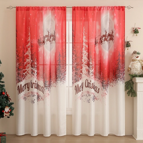 Christmas Curtains Polyester Semi Blackout Rod Pocket Printed Santa Reindeer Snowman Xmas Tree Festive Home Decor