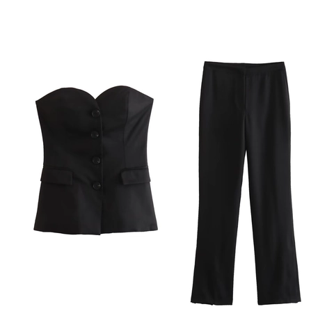 Women Strapless Bandeau Top And Long Flared Pants Solid Color Slim Fit Streetwear Chic Casual Wear Polyester
