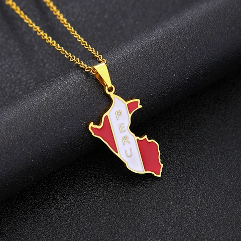 Peru Kaart Hanger Ketting Roestvrij Staal Vintage Vlag Kleur Olie Drop Gegraveerde Plaatsnamen Hart Hol Unisex Mode Sieraden