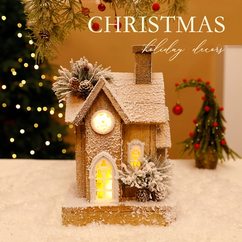 Kerst Lichtgevend Houten Huis LED Licht Hut Besneeuwde Decoratieve Ornament Tafelblad Figuurtje Hout Ambacht Voor Thuis