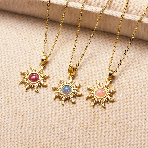 Collar Con Colgante de Estrella de Ocho Puntas de Sol de Lujo Cobre Chapado en Oro 18K Circonia Ópalo Artificial Joyas Mujer