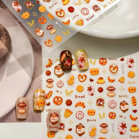 Nagelkunst Aufkleber 5D Relief Geprägt Bäckerei Brot Kaffee Dessert Design Süße Cartoon Vintage Maniküre Dekor