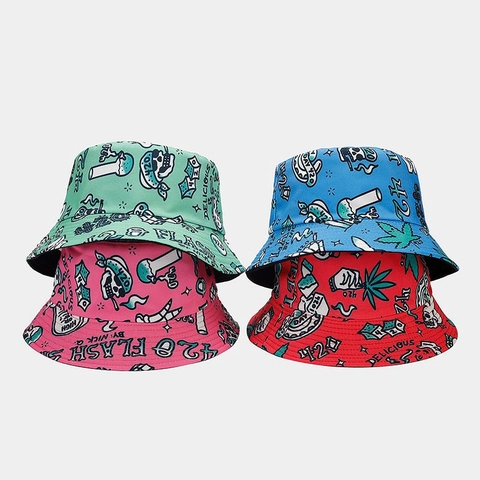 Reversible Bucket Hat Polyester Graffiti Print Streetwear Sun Protection Outdoor Cap For Men Women