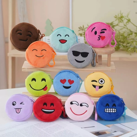 Plush Coin Purse Round Mini Wallet Cartoon Emoji Embroidery Zipper Pouch With Hook For Kids Cute Handbag Ornament