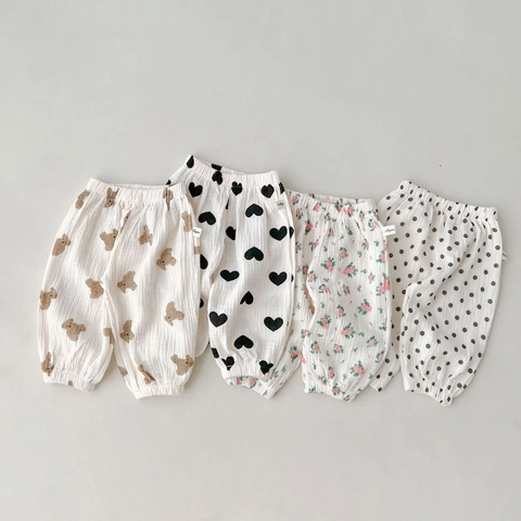 Infant Baby Cotton Pants Summer Breathable Cute Cartoon Floral Bear Print Casual Loose Long Pants Kids Bottoms