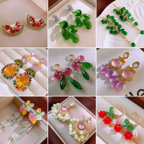 Orecchini Pendenti Retrò Francesi Fiori Frutta Con Silver Earring Post Rame Resina Lega Gioielli Chic Per Donne