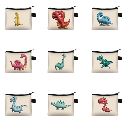 Cartoon Dinosaur Print Coin Purse Cute Polyester Zipper Small Storage Pouch For Kids Students With Side Loop Lightweight