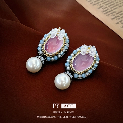 Pendientes De Cristal Ovalado Púrpura Barroco Vintage Con Lazo Transparente Y Perla Artificial 925 Sterling Silver Earring Post