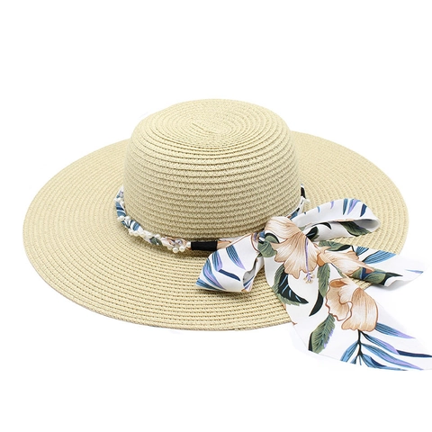 Women Wide Brim Straw Sun Hat With Floral Ribbon Bow And Artificial Pearls Foldable Breathable Beach Vacation Elegant Dome Hat
