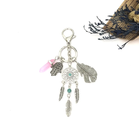 Böhmischer Traumfänger Schlüsselanhänger Mit Hand Der Fatima Feder Legierung Kristallsäule Retro Türkis Schlüsselring Für Damen Taschenzubehör