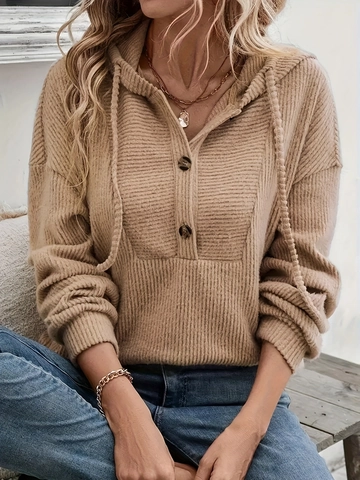 Women Hooded Sweatshirt Ribbed Knit Button Neck Long Sleeve Drawstring Pullover Casual Slim Fit Top