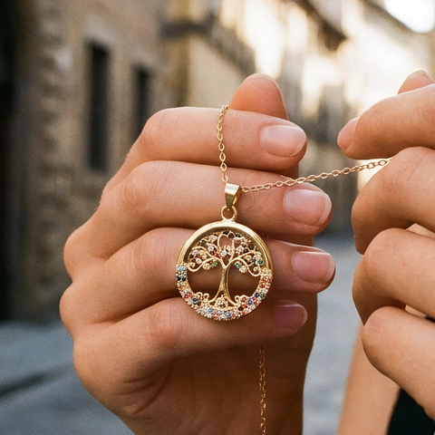 Tree Of Life Pendant Necklace Stainless Steel Copper 18K Gold Plated Colorful Zircon Round Hollow Jewelry For Women