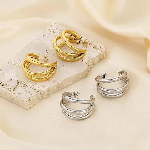 Triple Row C-Shaped Hoop Ohrringe Edelstahl Minimalistisch Geometrisch Gestapeltes Design Für Damen Moderner Schmuck