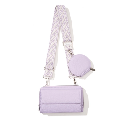 Litchi Pattern PU Leather Crossbody Phone Bag Multi Functional Handbag With Round Coin Purse Wide Jacquard Strap For Women