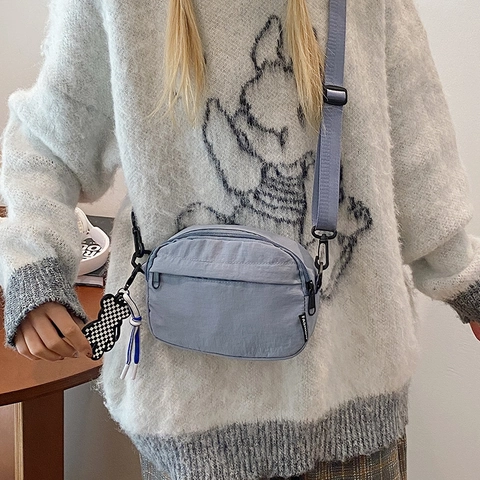 Nylon Crossbody Bag Mini Square Phone Pouch For Women Casual Streetwear Student Bag With Checkered Bear Pendant