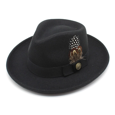 Retro Waterproof Wool Felt Fedora Hat Feather Decoration Metal Badge Wide Brim British Style Western Jazz Hat Unisex