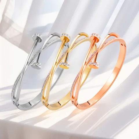 Nail Shaped Bangle Titanium Stainless Steel Rhinestone Inlaid Fashion Elegant Jewelry For Women