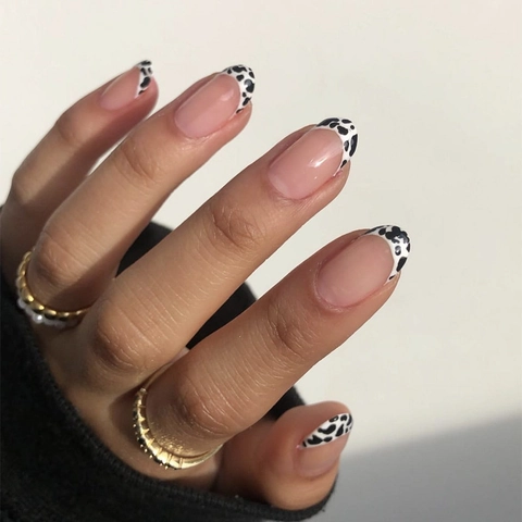 French Tip Press On Nails Cow Print Glossy Square Round False Nails Sweet Ins Style Manicure Decor Women