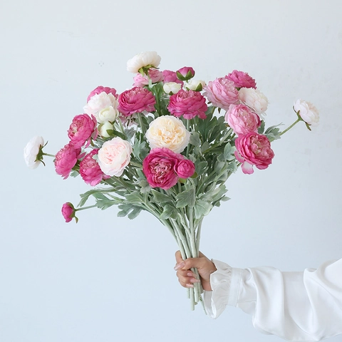 Artificial Ranunculus Satin Flower Branch Faux Persian Buttercup Flocked Stem Home Wedding Party Decorative Floral Arrangement