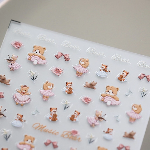 5D Embossed Nail Art Stickers Cartoon Bear Ballet Music Flower Bow 3D Relief Self Adhesive Decals For DIY Manicure Decoration