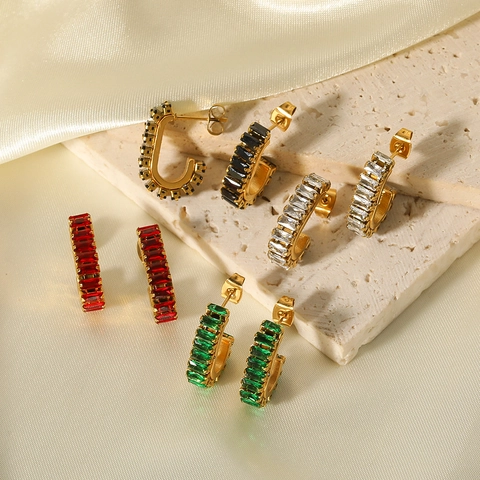 Pendientes Aro Forma C Acero Inoxidable Oro 18K Con Zircón Rectangular Joyería Geométrica Para Mujer