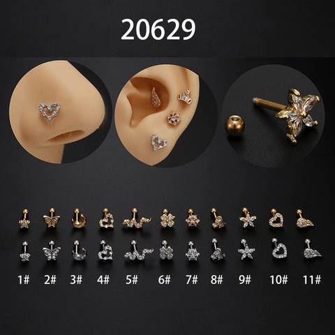 Micro Pave Zircon Heart Moon Star Ear Cartilage Stud Earrings Stainless Steel Screw Ball Back Body Piercing Jewelry For Women