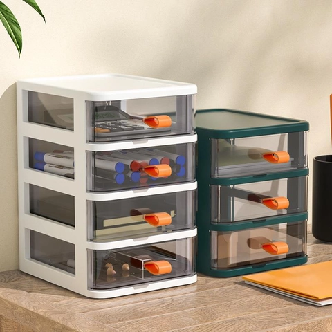 Plastic Desktop Drawer Organizer Transparent Tiers Storage Box With Orange Handles For Office Stationery And Cosmetics