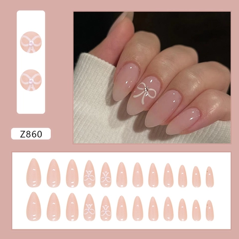 Unghie Finte A Pressione Forma Mandorla Rosa Nude Stile Jelly Con Fiocco Bianco 3D E Strass Unghie Artificiali