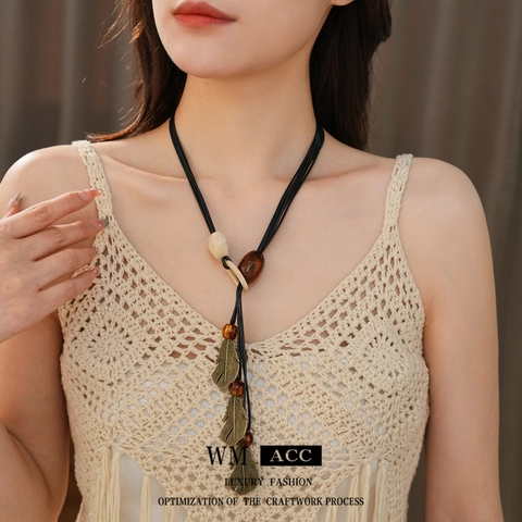 Bohemian Vintage Feather Pendant Necklace Alloy Resin Beaded Multi Strand Black Cord Ethnic Jewelry For Women