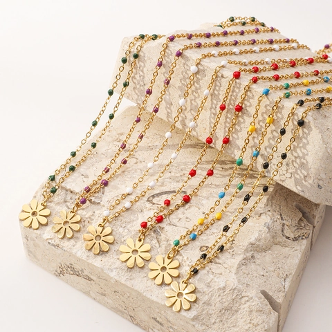 Bohemian Stainless Steel Flower Petal Pendant Necklace Multicolor Enamel Beads Daisy Floral Charm Adjustable Chain Jewelry