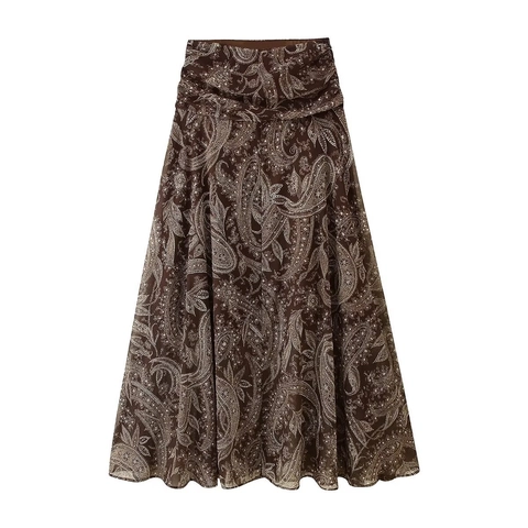 Damen Paisley Print Maxi Rock Hohe Taille Chiffon A-Linie Vintage Bohemian Lange Röcke