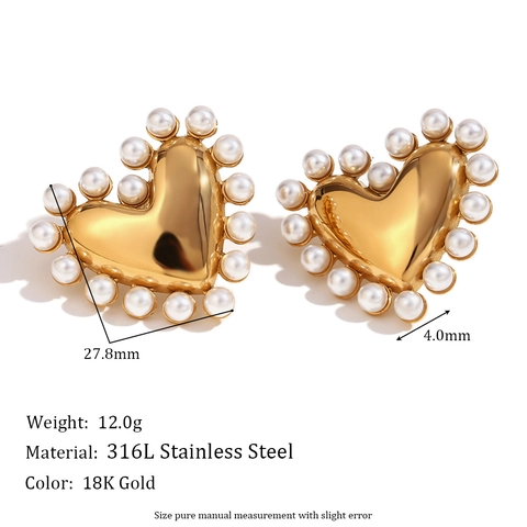Orecchini A Lobo Cuore Vintage Acciaio Inossidabile Placcato Oro 18K Con Perla Artificiale Gioielli Moda Per Donna