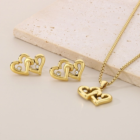 Interlocking Double Heart Necklace And Earrings Jewelry Set Stainless Steel Rhinestone Fashion Jewelry For Women