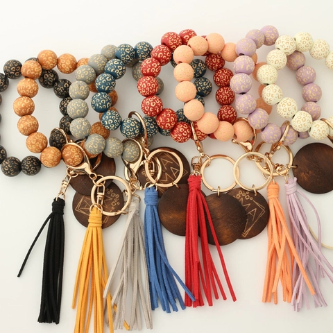 Porte-clés Bracelet Perles Imprimé Léopard Silicone Perles En Bois Gland Disque En Bois Gravé Mama Accessoire Mode Femmes