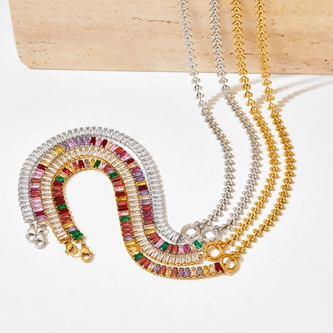 Collier En Acier Inoxydable Avec Zircon Cubique Rectangulaire Chaîne De Tennis Géométrique Bijoux Pour Femmes