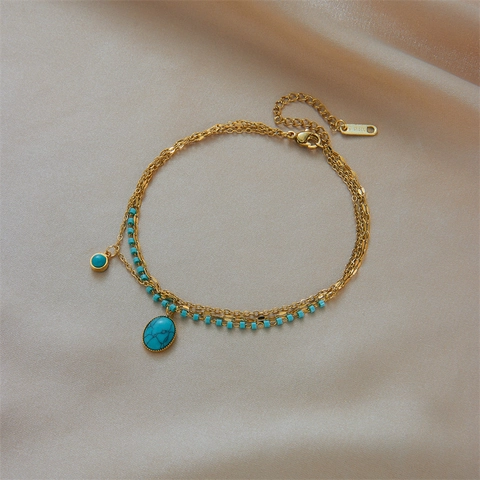 Bohemian Vintage Turquoise Pendant Stainless Steel Double Layer Bracelet For Women Gold Plated Chain Jewelry Accessories