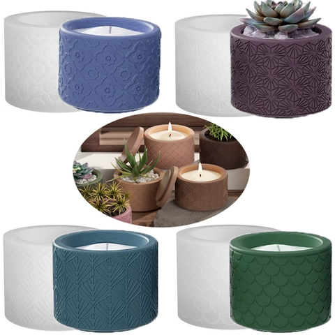 Relief Pattern Silicone Mold Cylindrical For DIY Candle Jar Cement Flower Pot Storage Box With Matching Lid Decorative Crafting