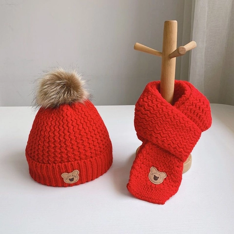 Kids Knit Hat And Scarf Winter Warm Fleece Lined Beanie With Faux Fur Pom Pom Cute Bear Patch For Toddler Boys Girls
