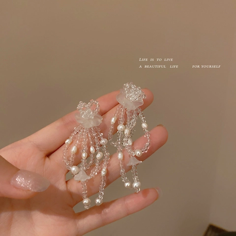 Beaded Bowknot Blume Lange Quaste Drop Ohrringe Mit 925 Sterling Silber Ohrstecker Acryl Künstliche Perle Schmuck Für Frauen