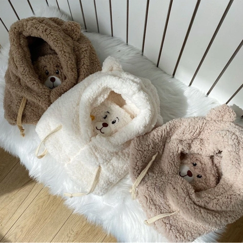 Bear Ears Plush Balaclava Hat Hood With Mask And Neck Warmer Embroidered Winter Warm Windproof For Women