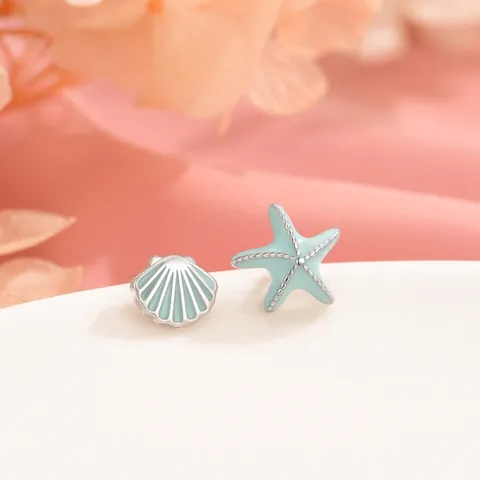 Asymmetric Starfish Shell Stud Earrings With 925 Sterling Silver Earring Post Sweet Ocean Theme Enamel Jewelry For Women