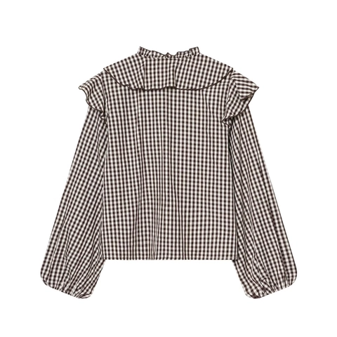 Women Gingham Plaid Blouse Polyester Ruffle Trim Bow Tie Neck Long Puff Sleeve Elegant Casual Fashion Shirt Top