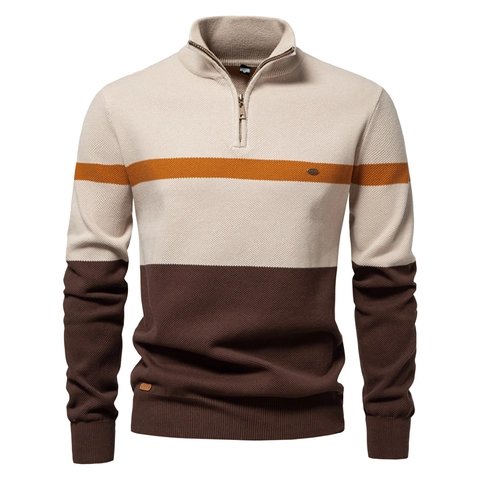 Pull Homme Col Montant Demi Fermeture Éclair Mélange Coton Color Block Tricot Chaud Coupe Slim Urbain Manches Longues