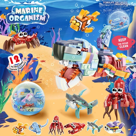 Blocchi Di Costruzione Organismo Marino Plastica ABS Puzzle Educativo Tema Oceano Bambini Giocattoli Novità Squalo Delfino Granchio Modello